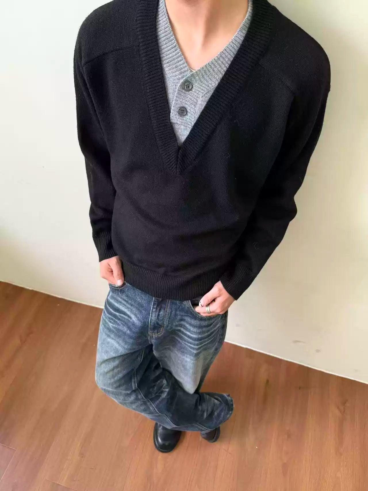 Contrast Spliced V-Neck Sweater Korean Street Fashion Sweater By Made Extreme Shop Online at OH Vault