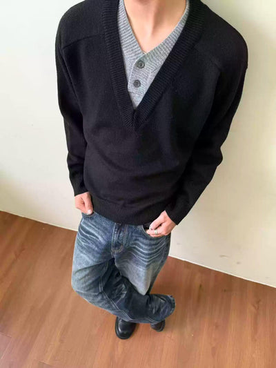 Contrast Spliced V-Neck Sweater Korean Street Fashion Sweater By Made Extreme Shop Online at OH Vault
