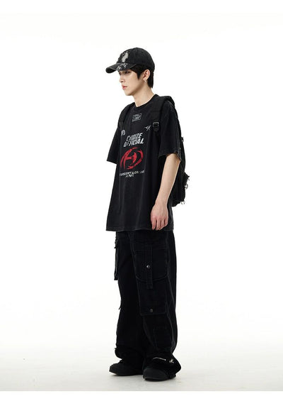 Faded Wide Strap Cargo Jeans Korean Street Fashion Jeans By 77Flight Shop Online at OH Vault