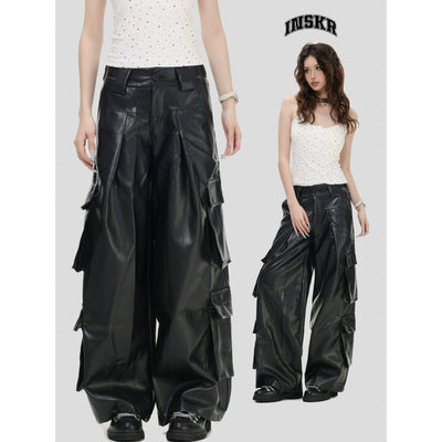 Multi Flap Pocket Faux Leather Pants Korean Street Fashion Pants By INS Korea Shop Online at OH Vault