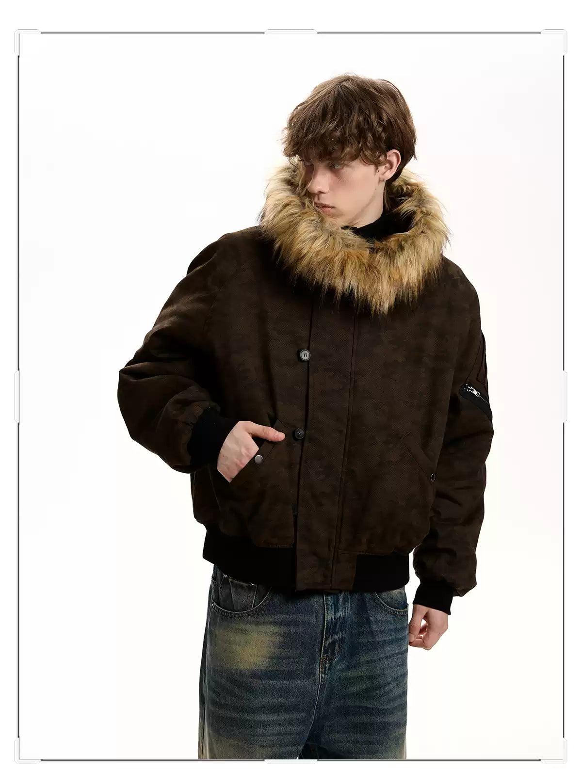Fur-Trim Hood Camo Bomber Jacket Korean Street Fashion Jacket By A PUEE Shop Online at OH Vault