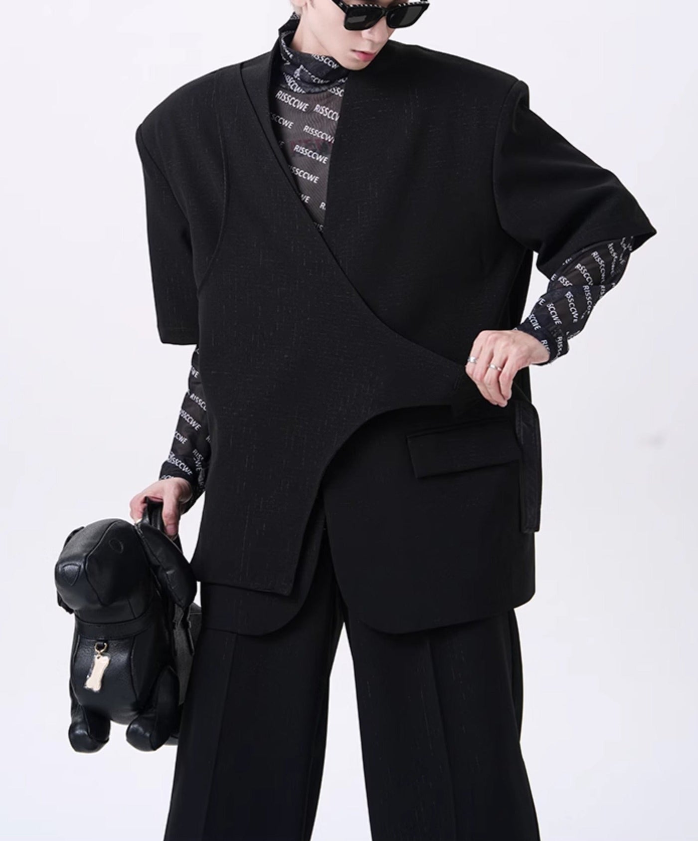 Buttoned Layered Blazer & Pleated Trousers Set Korean Street Fashion Clothing Set By Slim Black Shop Online at OH Vault