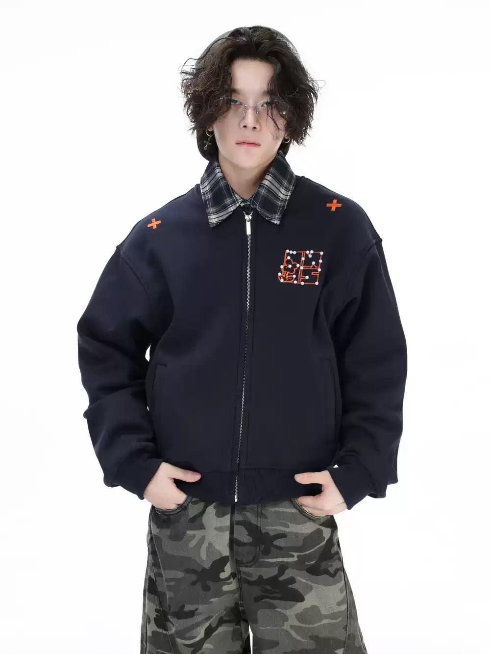 Pearled Logo Zipped Jacket Korean Street Fashion Jacket By INS Korea Shop Online at OH Vault