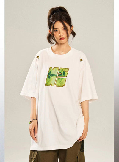 Leaf Patched Embroidery T-Shirt Korean Street Fashion T-Shirt By New Start Shop Online at OH Vault