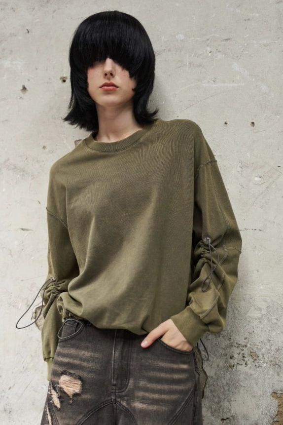 Cinched Sleeves Versatile Crewneck