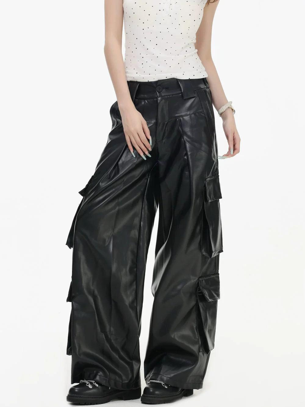 Multi Flap Pocket Faux Leather Pants Korean Street Fashion Pants By INS Korea Shop Online at OH Vault