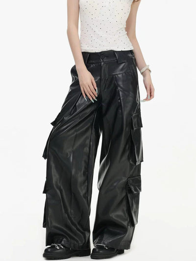 Multi Flap Pocket Faux Leather Pants Korean Street Fashion Pants By INS Korea Shop Online at OH Vault