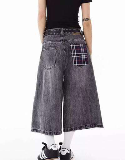 Plaid Pocket Wide Denim Shorts Korean Street Fashion Shorts By Blacklists Shop Online at OH Vault