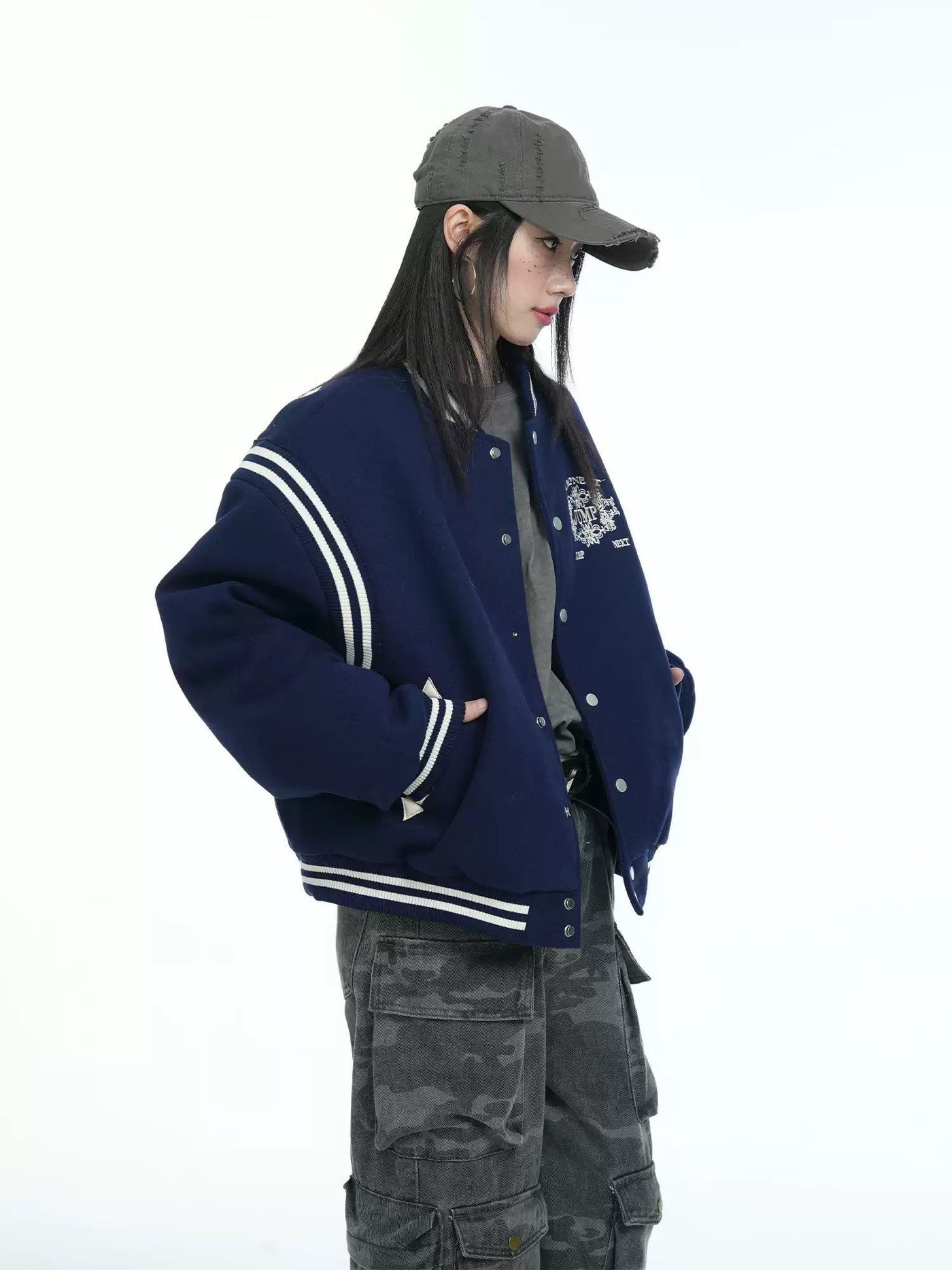 Embroidered Snap Buttons Varsity Jacket Korean Street Fashion Jacket By Jump Next Shop Online at OH Vault