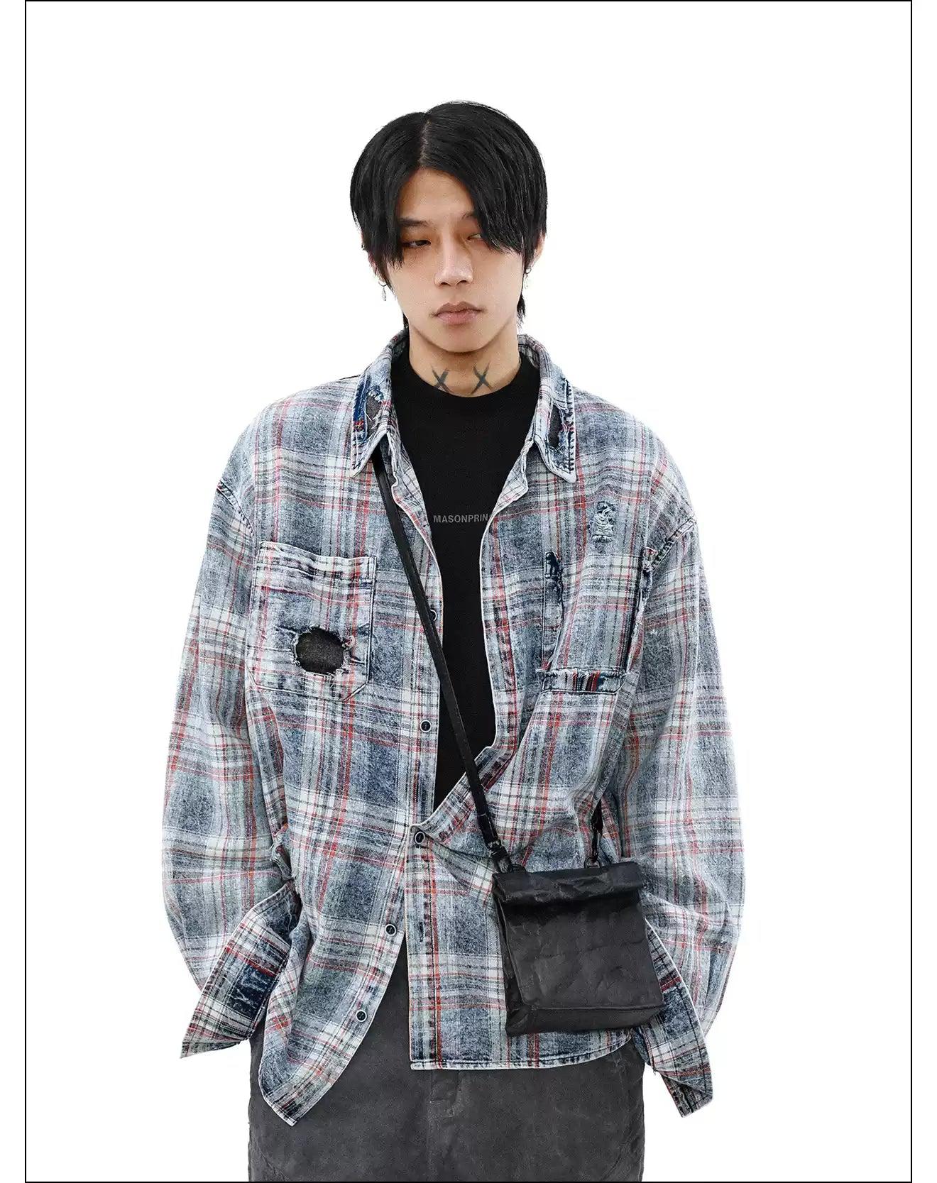 Tie-Dyed Plaid Ripped Shirt Korean Street Fashion Shirt By Mr Nearly Shop Online at OH Vault