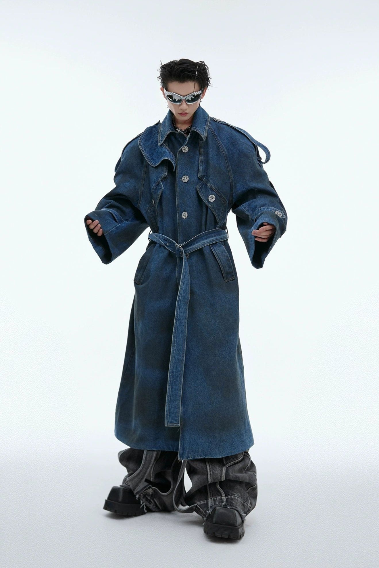 Structured Waist Belt Denim Coat Korean Street Fashion Long Coat By Argue Culture Shop Online at OH Vault