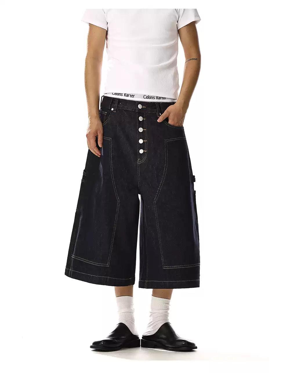 Multi-Buttoned Contrast Stitches Denim Shorts Korean Street Fashion Shorts By MEBXX Shop Online at OH Vault