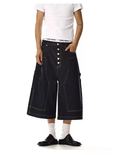 Multi-Buttoned Contrast Stitches Denim Shorts Korean Street Fashion Shorts By MEBXX Shop Online at OH Vault