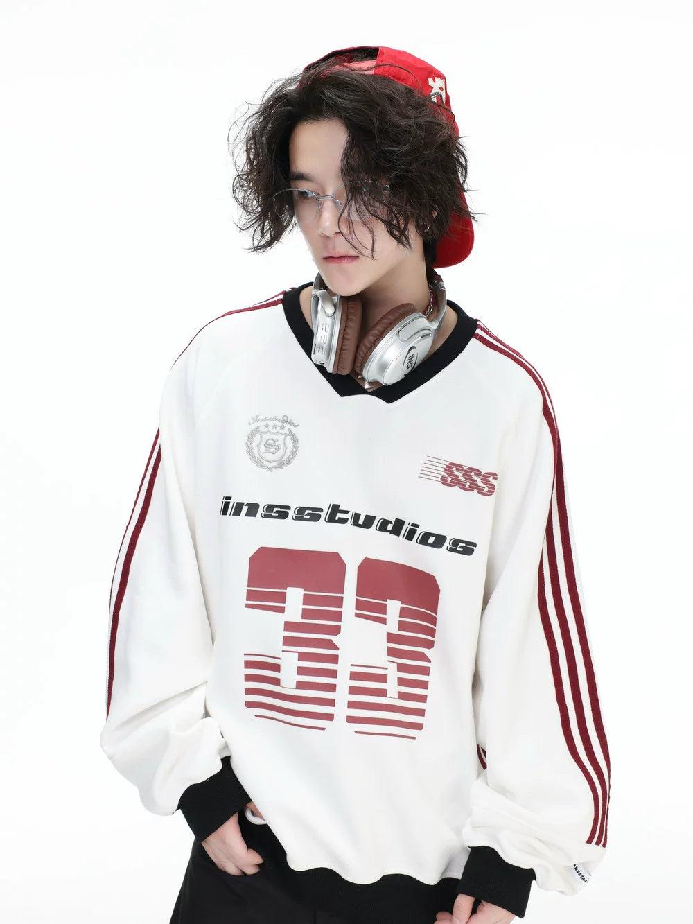Striped Sporty V-Neck Crewneck Korean Street Fashion Crewneck By INS Korea Shop Online at OH Vault