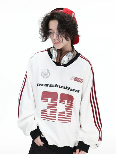 Striped Sporty V-Neck Crewneck Korean Street Fashion Crewneck By INS Korea Shop Online at OH Vault