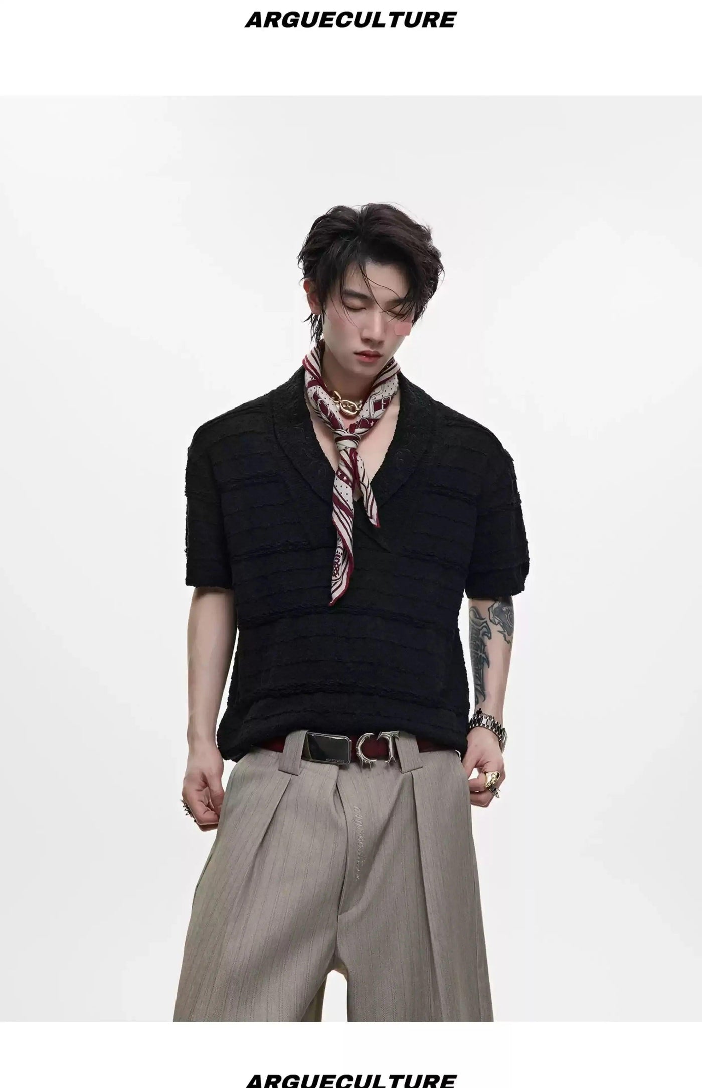 Textured V-Neck Knit T-Shirt Korean Street Fashion T-Shirt By Argue Culture Shop Online at OH Vault