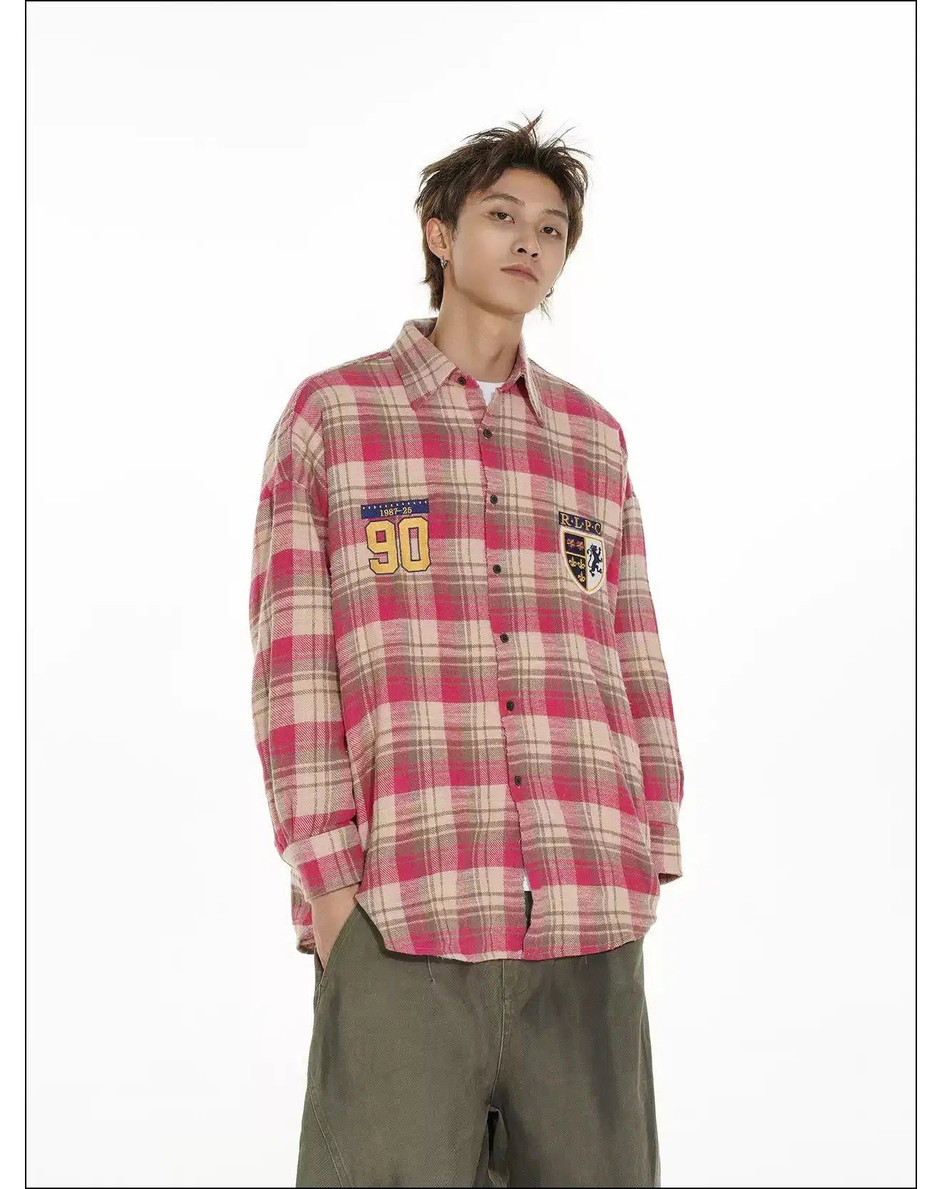 Plaid Badge Embroidered Shirt Korean Street Fashion Shirt By Mr Nearly Shop Online at OH Vault