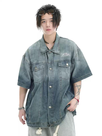 Half Fade Oversized Denim Shirt Korean Street Fashion Shirt By INS Korea Shop Online at OH Vault