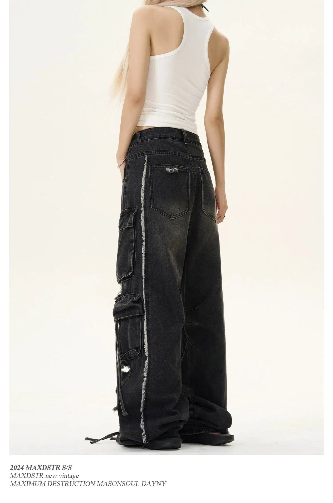 Ripped Hole Fuzzy Seam Cargo Jeans Korean Street Fashion Jeans By MaxDstr Shop Online at OH Vault