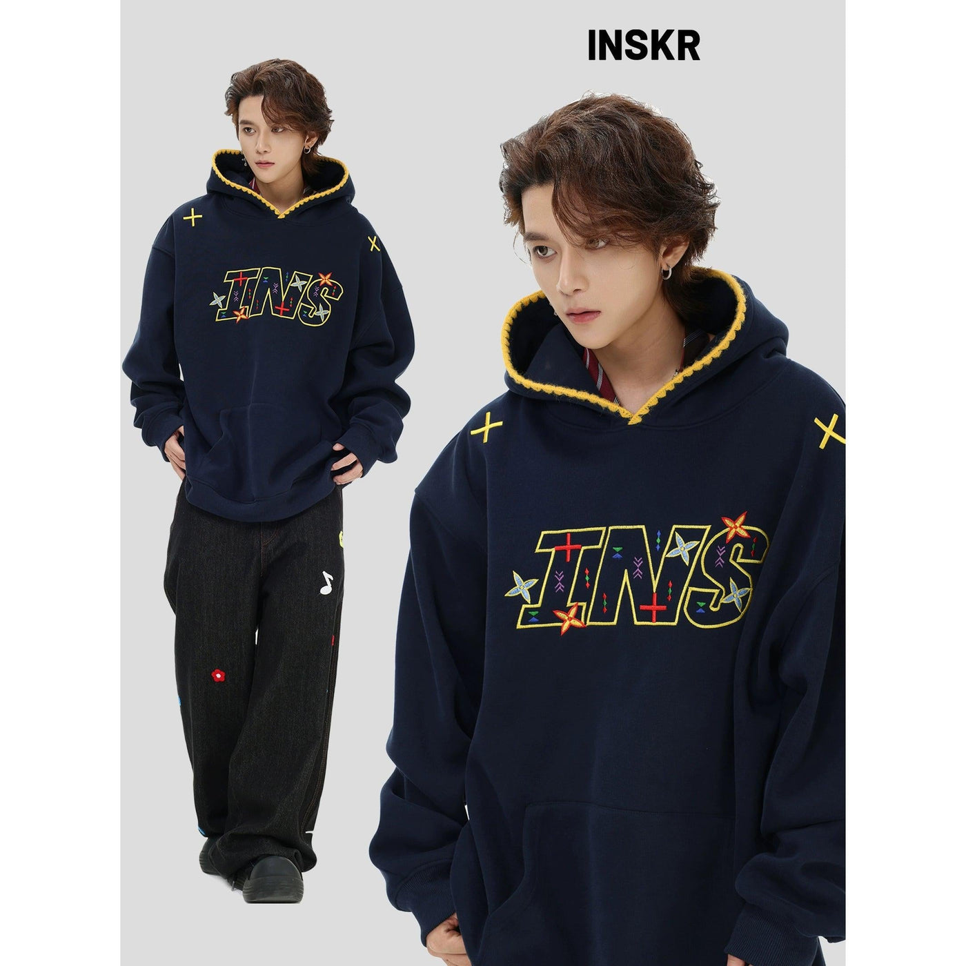 Stitched Outlined Logo Hoodie Korean Street Fashion Hoodie By INS Korea Shop Online at OH Vault