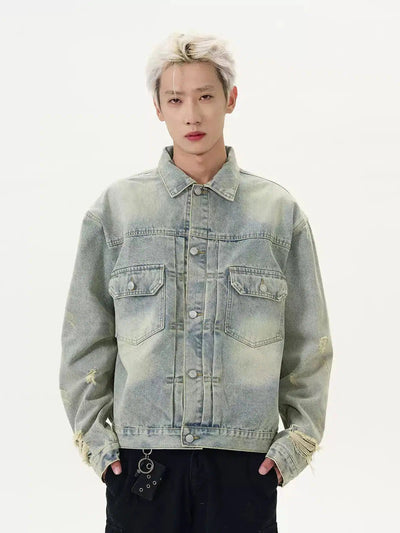 Distressed Washed Flap Pocket Denim Jacket Korean Street Fashion Jacket By A PUEE Shop Online at OH Vault