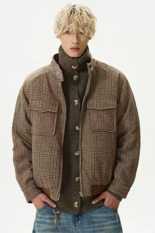 Breast Pocket Plaid Puffer Jacket Korean Street Fashion Jacket By A PUEE Shop Online at OH Vault