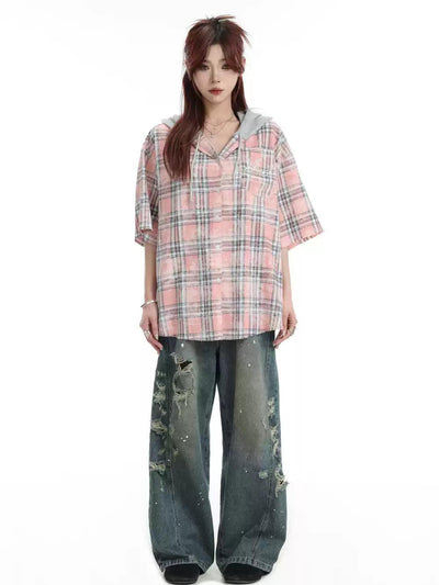 Spliced Hoodie Plaid Shirt Korean Street Fashion Shirt By INS Korea Shop Online at OH Vault