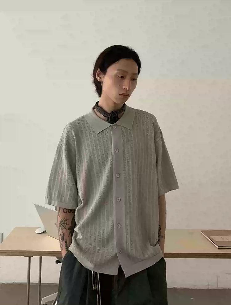 Stripe Hollow Textured Knit Short Sleeve Shirt Korean Street Fashion Shirt By In Knots Shop Online at OH Vault
