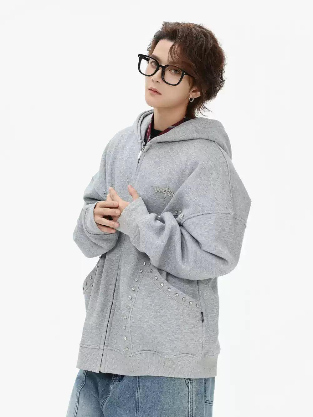 Stoned Line Detail Zipped Hoodie Korean Street Fashion Hoodie By INS Korea Shop Online at OH Vault