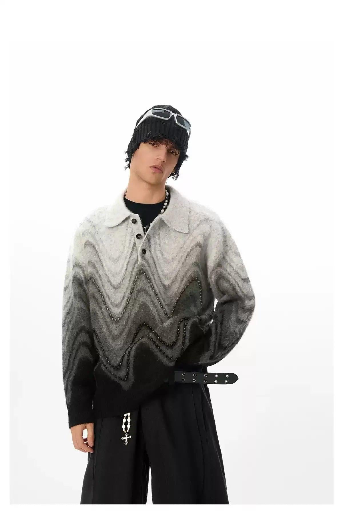 Wave Pattern Beaded Polo Sweater Korean Street Fashion Sweater By JHYQ Shop Online at OH Vault
