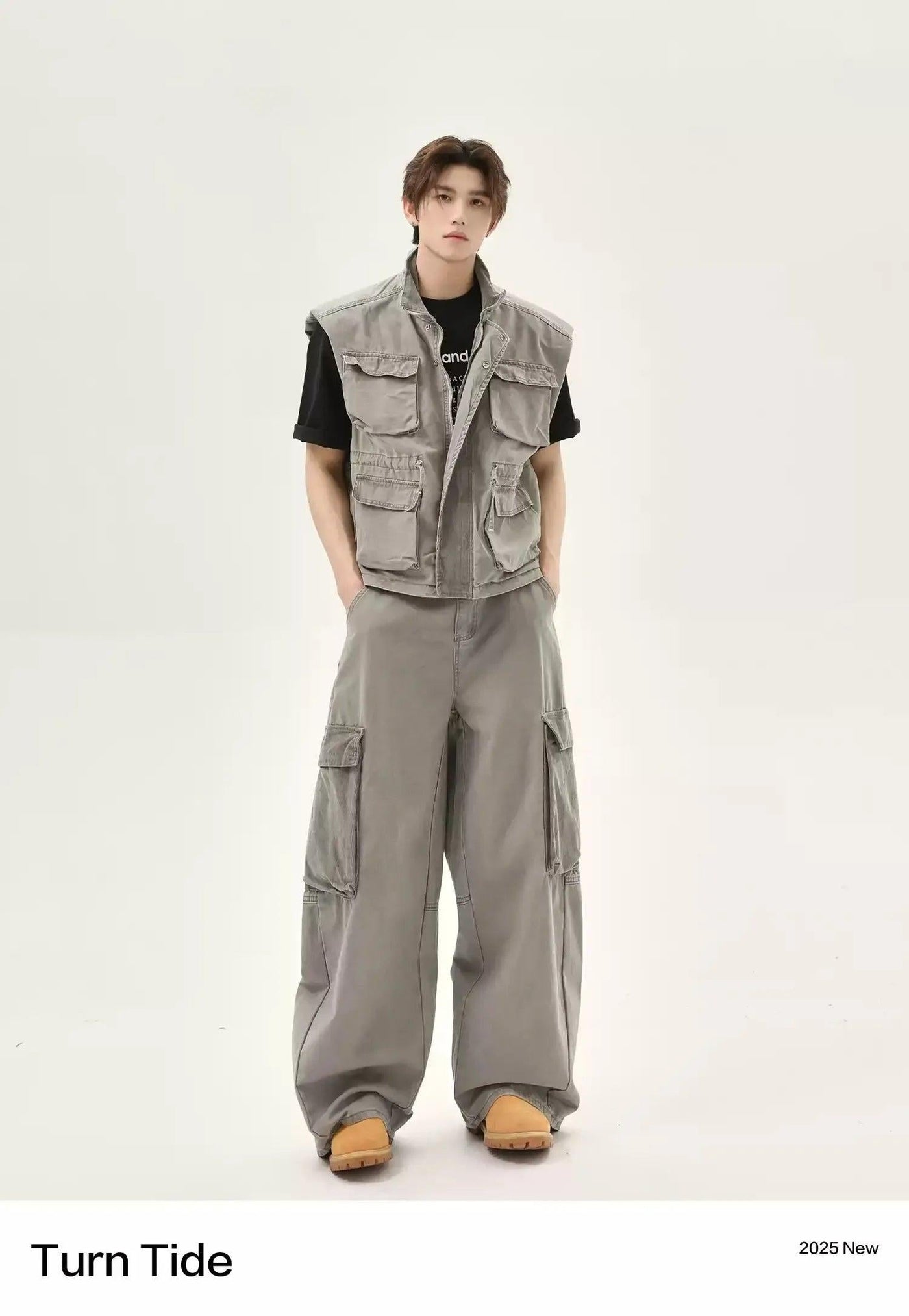 Washed Pocket Detail Denim Vest & Loose Fit Cargo Pants Set Korean Street Fashion Clothing Set By Turn Tide Shop Online at OH Vault