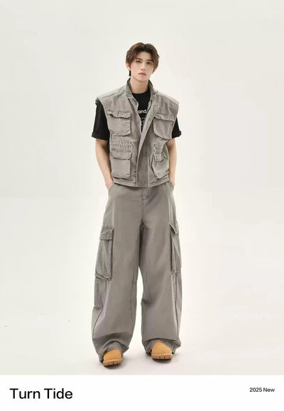 Washed Pocket Detail Denim Vest & Loose Fit Cargo Pants Set Korean Street Fashion Clothing Set By Turn Tide Shop Online at OH Vault