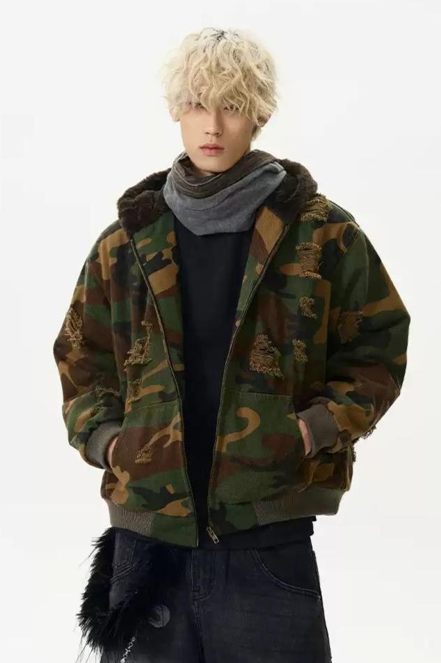 Camouflage Scattered Distress Jacket Korean Street Fashion Jacket By A PUEE Shop Online at OH Vault