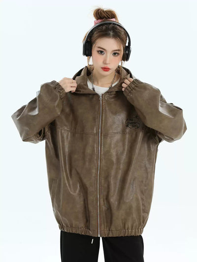 Zipped Hooded PU Leather Jacket Korean Street Fashion Jacket By INS Korea Shop Online at OH Vault