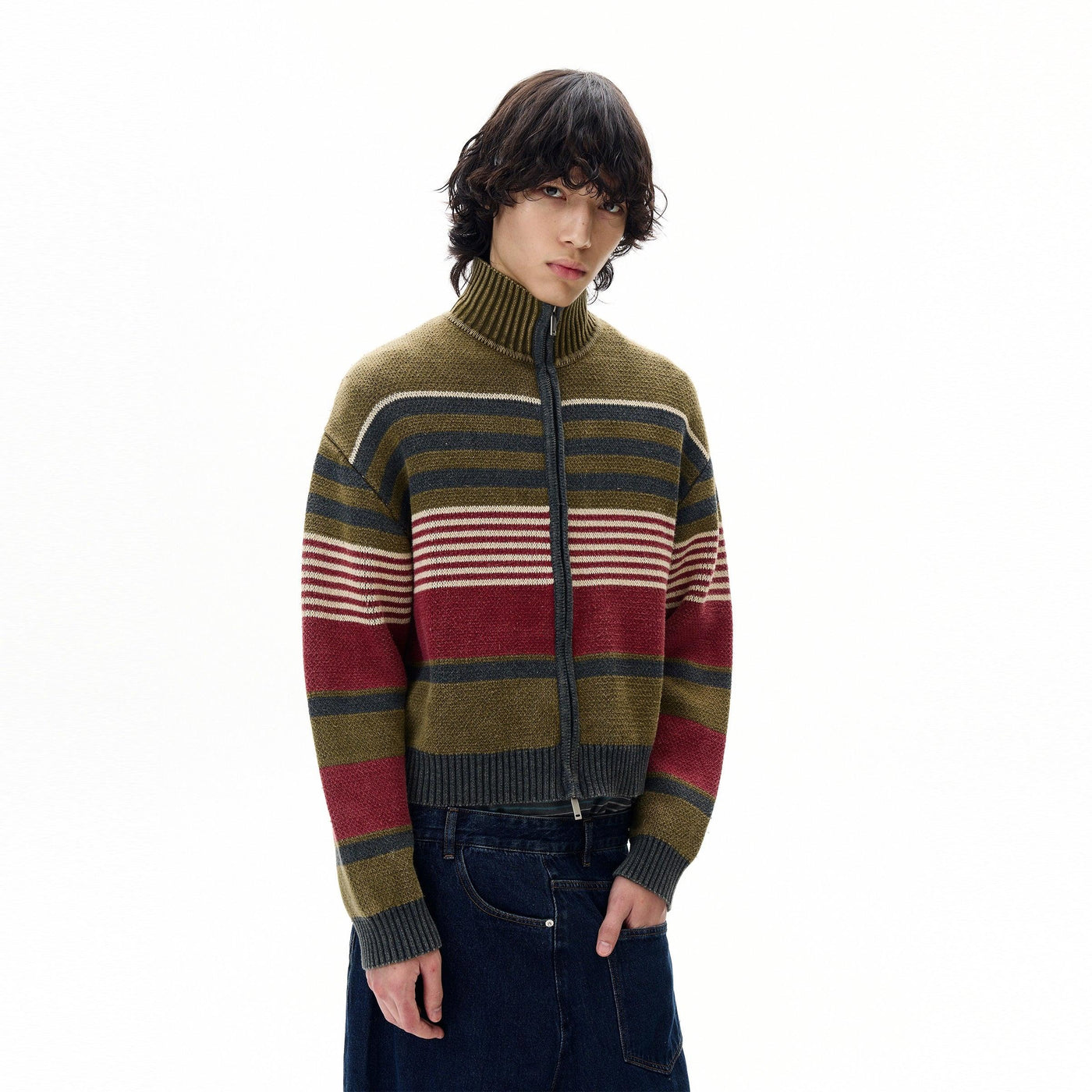 Stand Collar Striped Knit Jacket Korean Street Fashion Jacket By 77Flight Shop Online at OH Vault