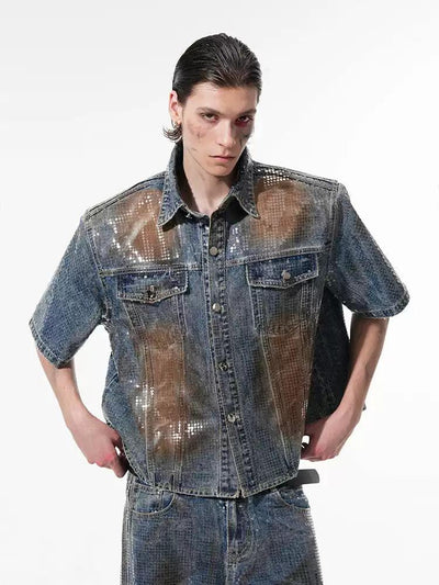 Rustic Fade Beaded Denim Shirt & Straight Jeans Set Korean Street Fashion Clothing Set By Slim Black Shop Online at OH Vault