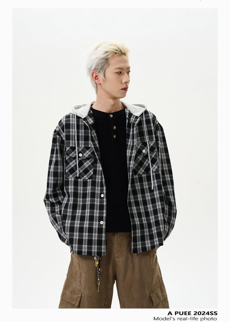 Drawstring Plaid Hooded Shirt Korean Street Fashion Shirt By A PUEE Shop Online at OH Vault