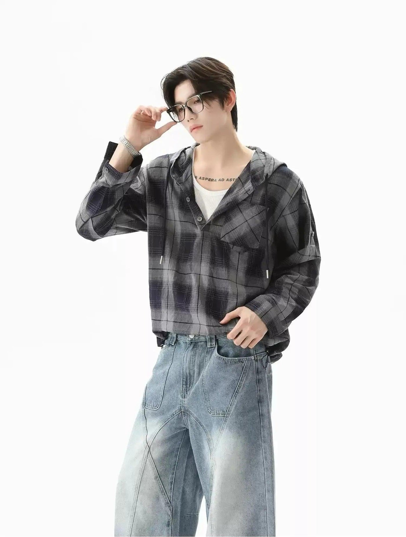 Drawstring Plaid Half-Buttoned Hooded Shirt Korean Street Fashion Shirt By Turn Tide Shop Online at OH Vault