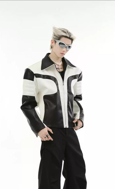 Contrast Blocks and Lines PU Leather Jacket Korean Street Fashion Jacket By Turn Tide Shop Online at OH Vault