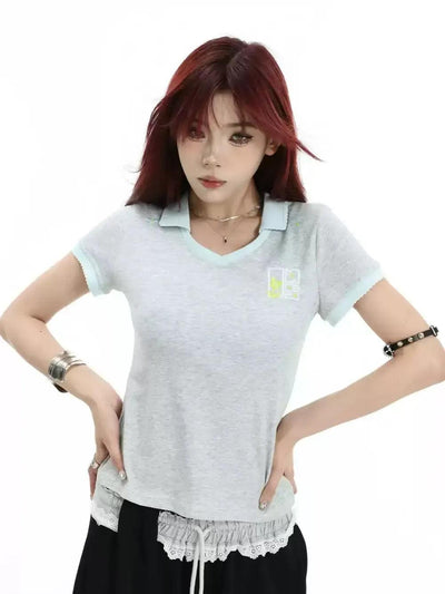 Embroidered Logo Contrast Collar T-Shirt Korean Street Fashion T-Shirt By INS Korea Shop Online at OH Vault