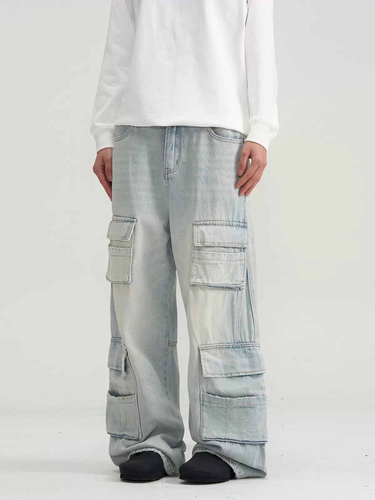 Multi-Detail Pockets Cargo Jeans Korean Street Fashion Jeans By A PUEE Shop Online at OH Vault