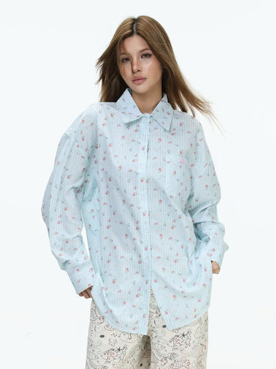 Floral Pattern Striped L/S Shirt Korean Street Fashion Shirt By INS Korea Shop Online at OH Vault