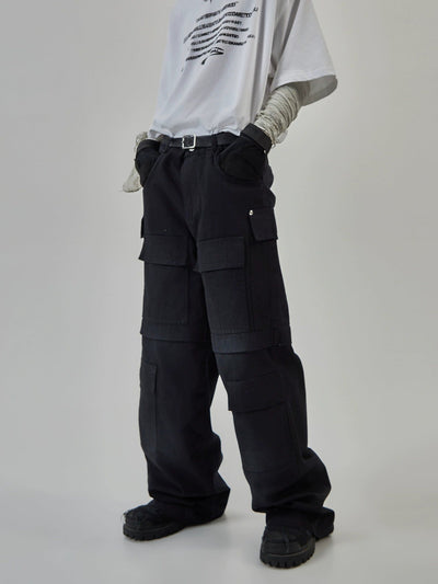 Layered Stitched Wide Cargo Pants Korean Street Fashion Pants By Ash Dark Shop Online at OH Vault