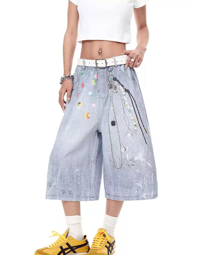 Printed Detail Denim Shorts Korean Street Fashion Shorts By Blacklists Shop Online at OH Vault