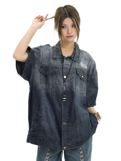 Half Fade Oversized Denim Shirt Korean Street Fashion Shirt By INS Korea Shop Online at OH Vault