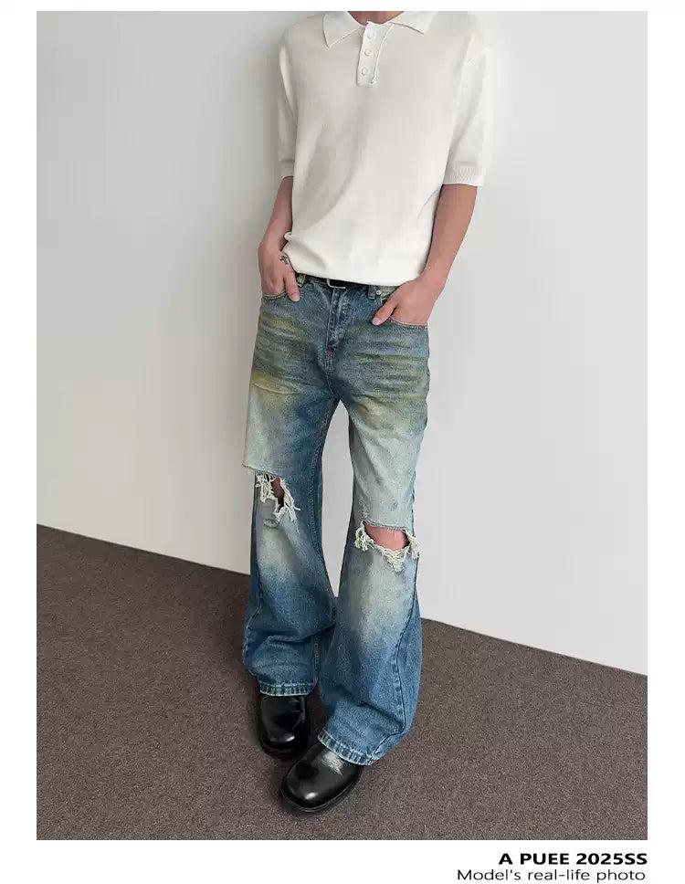Muddy Faded Ripped Knee Jeans Korean Street Fashion Jeans By A PUEE Shop Online at OH Vault