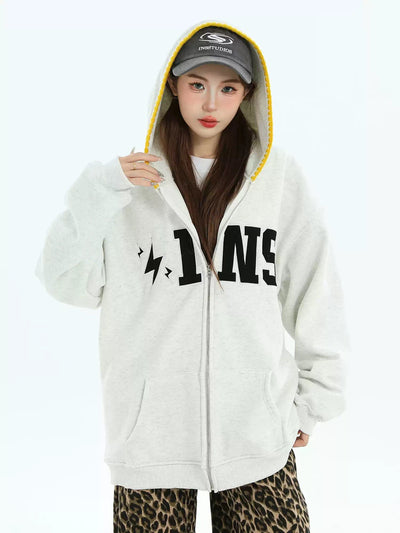 Thunder and Logo Zipped Hoodie Korean Street Fashion Hoodie By INS Korea Shop Online at OH Vault