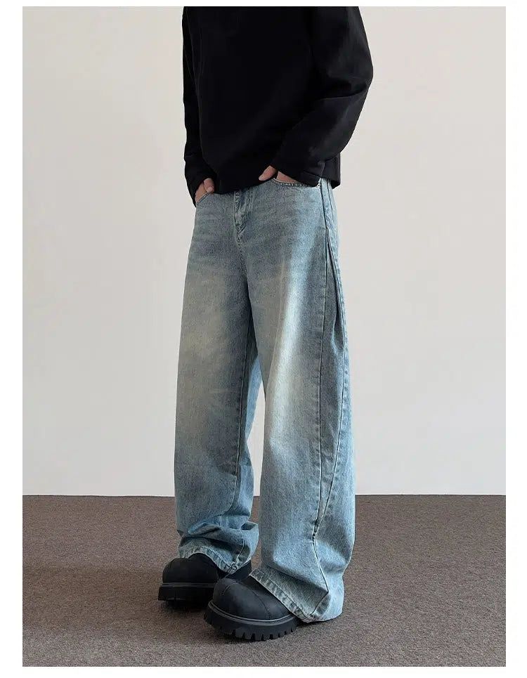 Washed Side Pleats Wide Jeans Korean Street Fashion Jeans By A PUEE Shop Online at OH Vault