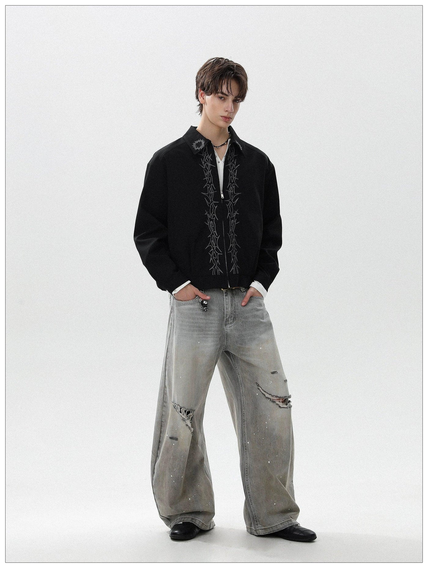 Embroidered Contrast Full-Zip Jacket Korean Street Fashion Jacket By Mr Nearly Shop Online at OH Vault