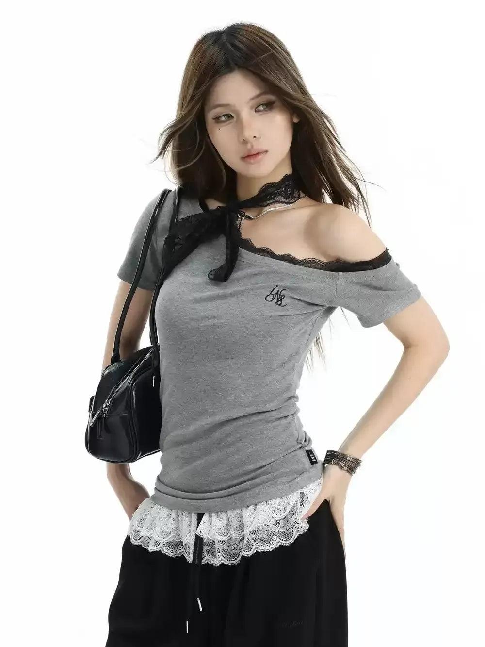 Lace Off-Shoulder T-Shirt Korean Street Fashion T-Shirt By INS Korea Shop Online at OH Vault